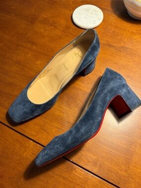 Christian Louboutin Blue Suede Block Heel Pumps